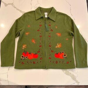 Vintage Fashion Bug Full Zip Fleece Jacket Fall Pumpkins Sz L Green Embroidered